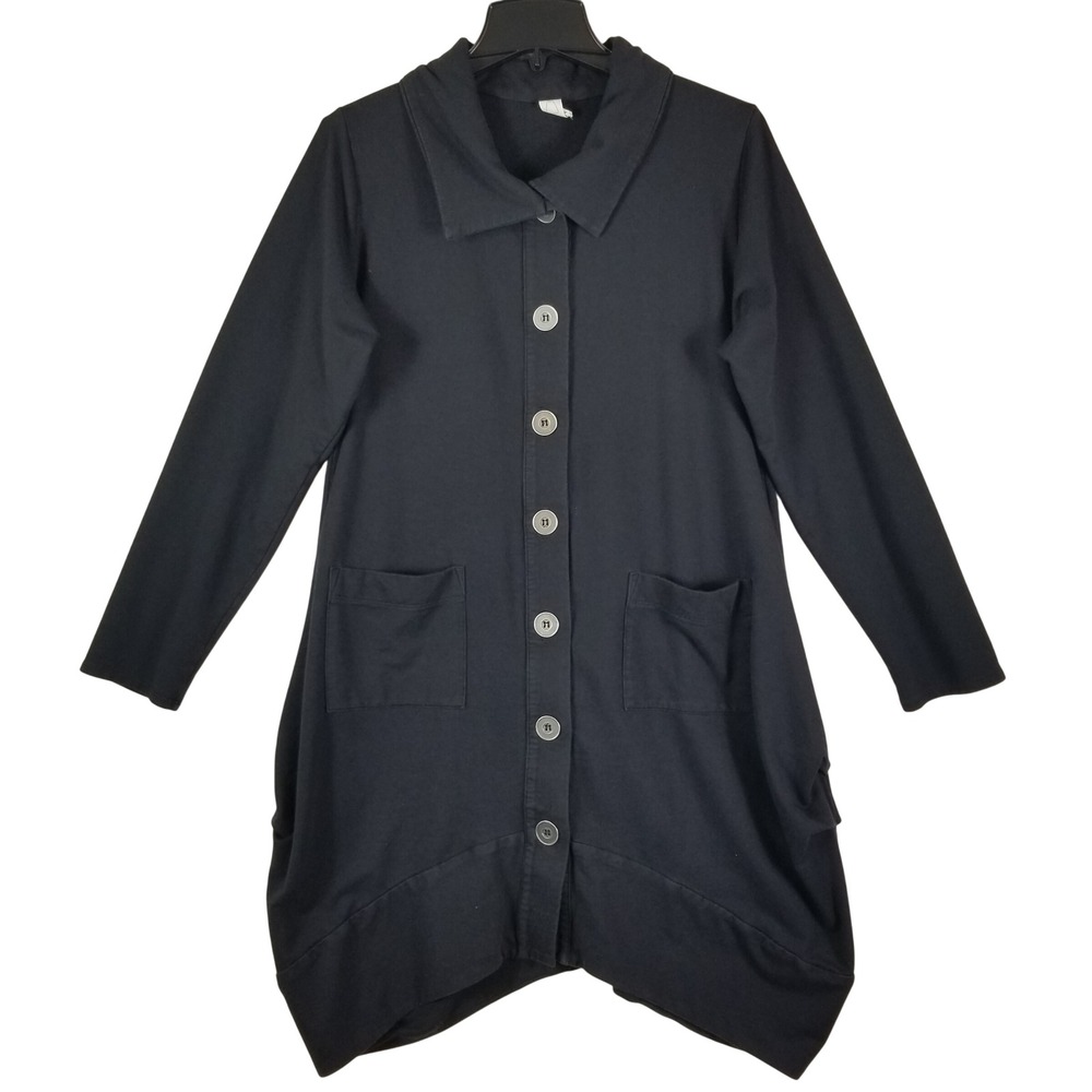Chalet Tunic Women Medium Black Lagenlook Bubble Hem Button Front Long Sleeve